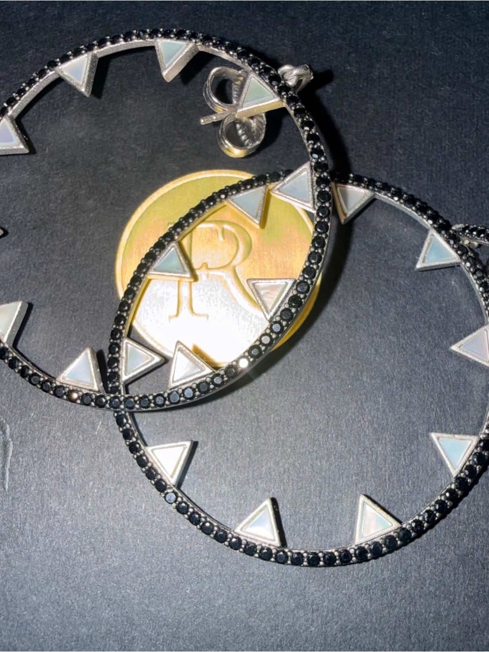 Black Crystal Hoop Earrings with White Triangle Accents